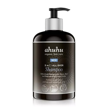 ahuhu MEN 3 in 1 ALL OVER Shampoo (500ml) - All-in-One Männer Shampoo für Haare, Bart und Körper, pflegt Haare & Bart angenehm weich mit Koffein, Hyluaronsäure & Gingko, vegane Haarpflege im Sale